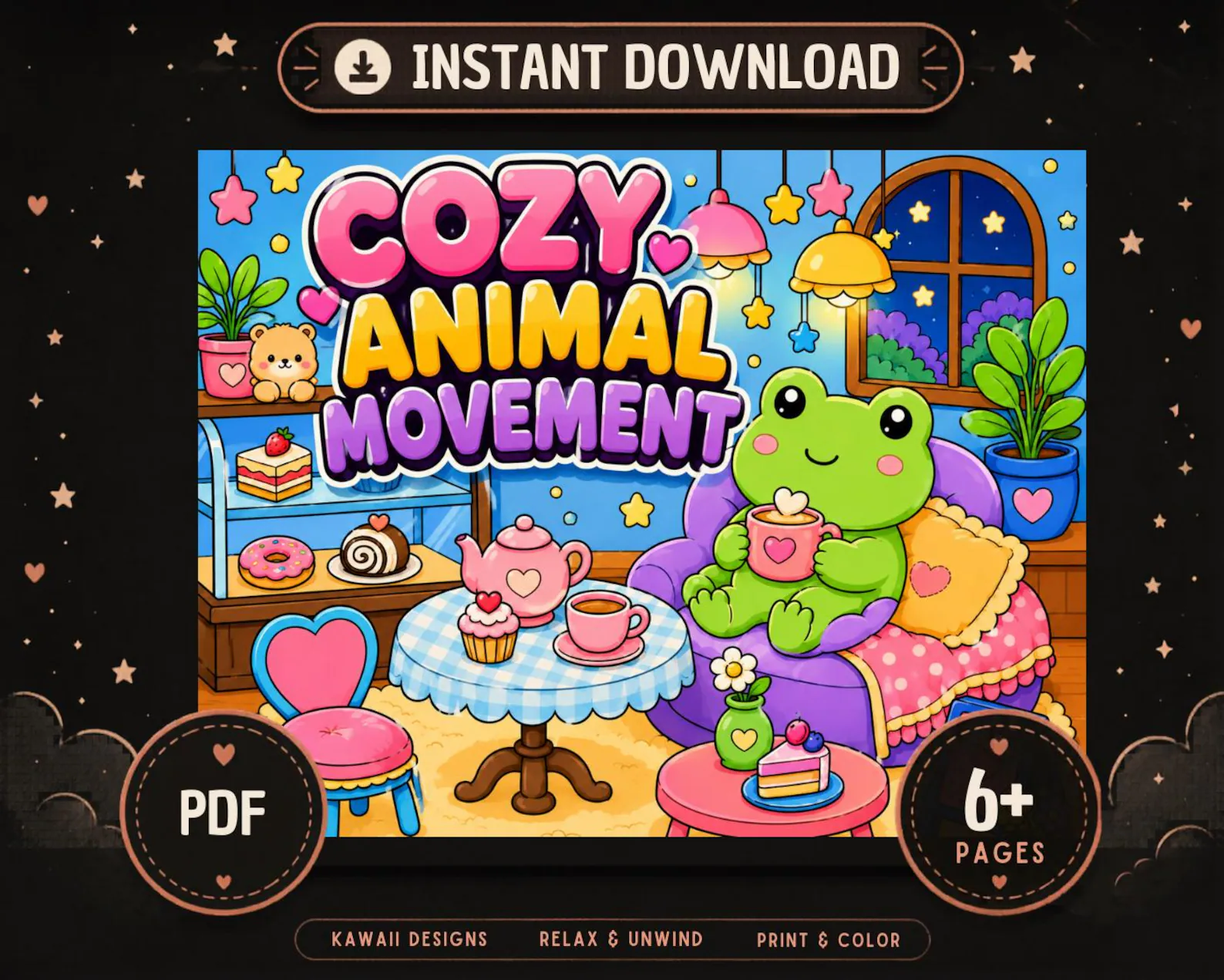 CuteLearner printable Cozy Animal Coloring Pages, Kawaii Hygge Scenes, Relaxing PDF (6+ Pages) — Coloring Books